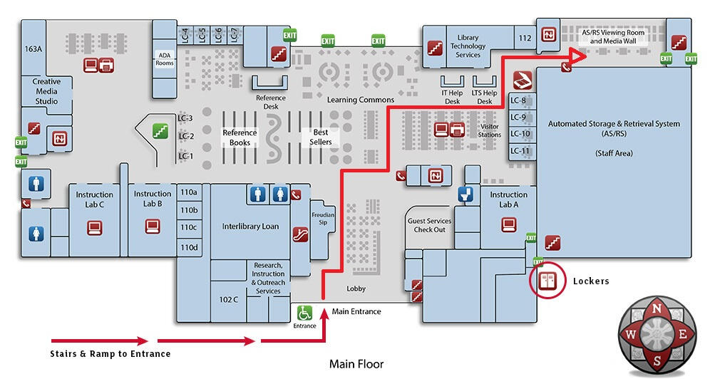 A map to the ASRS viewing room, located in the back right corner of the library.